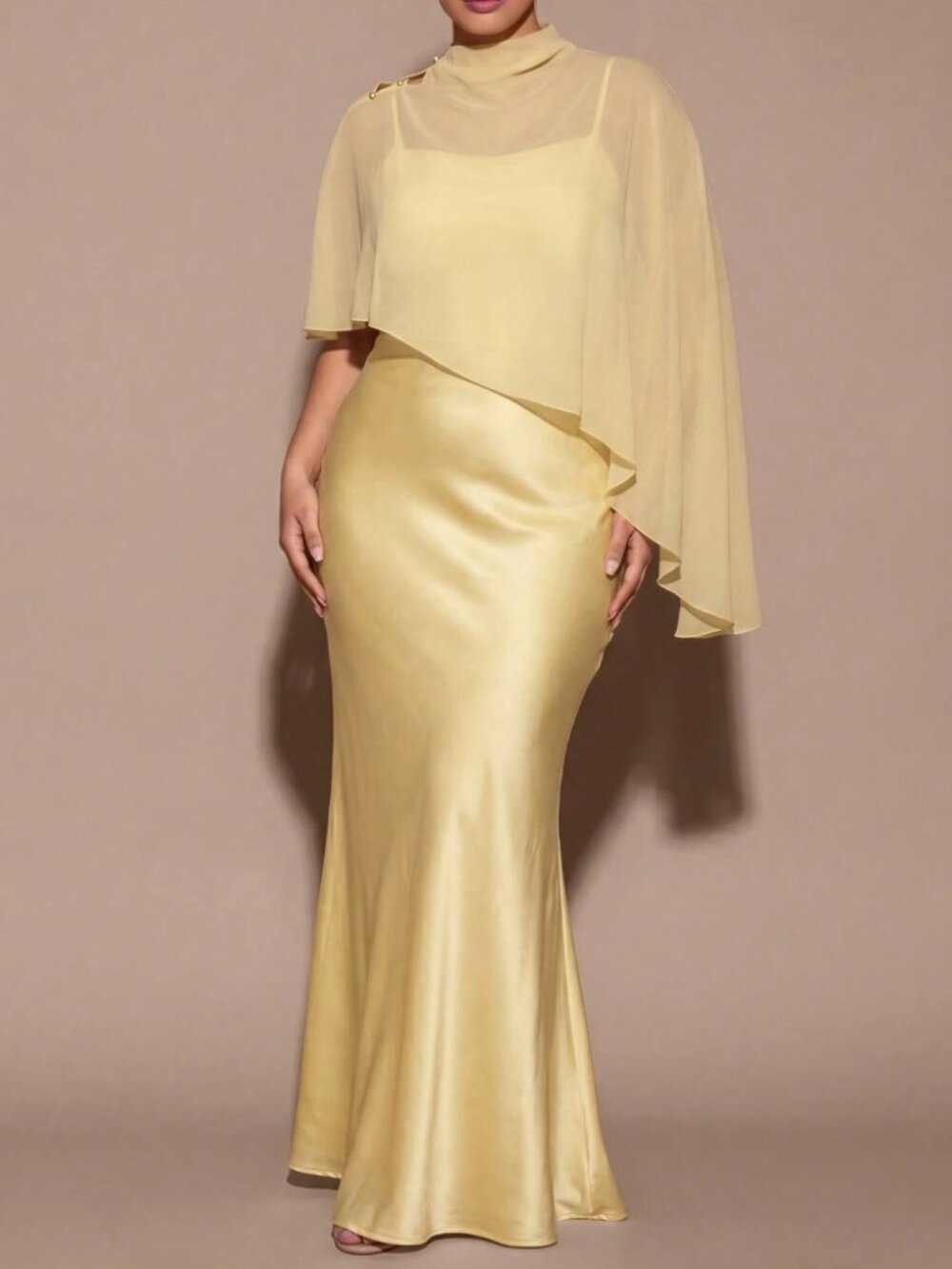 Yellow Satin Maxi Dress with Sheer Cape Overlay